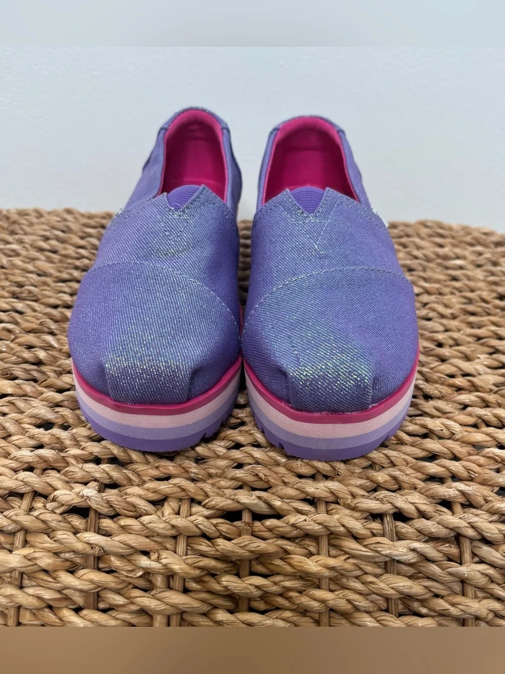 Toms Girls Purple Glitter Slip-On Platform Shoes with Pink Accents
